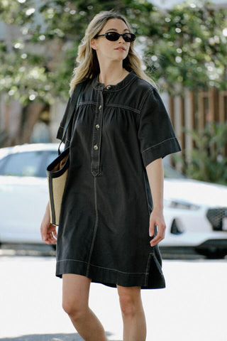 Half Placket Tunic Dress - Washed Black