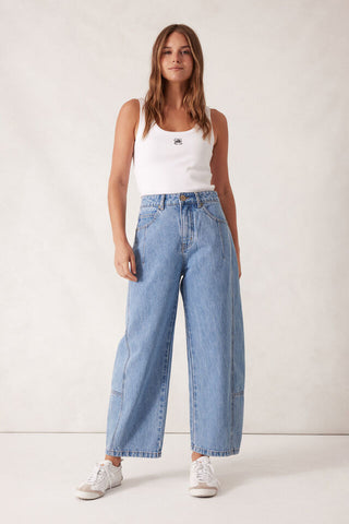 Denim Darted Barrel Jeans- Vintage Blue