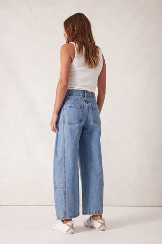 Denim Darted Barrel Jeans- Vintage Blue